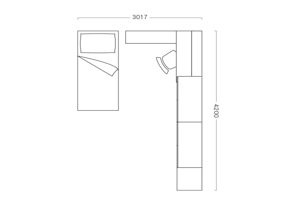 Planul dormitorului cu birou de colț T06